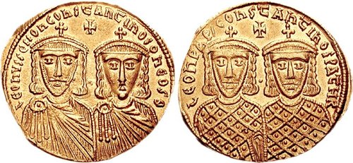 君士坦丁五世與利奧四世共治時的錢幣 圖片來源：Wikimedia Commons